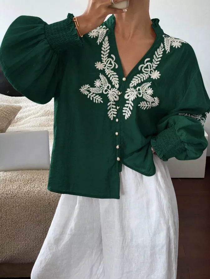 Embroidered Notched Long Sleeve Blouse - -