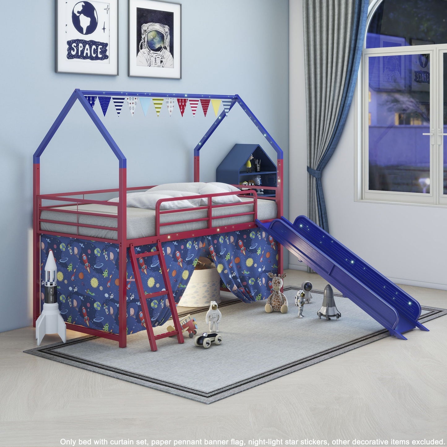 Jack - House Loft Bed With Slide And Curtain Set- HouseOfZazla- {{Product type}}