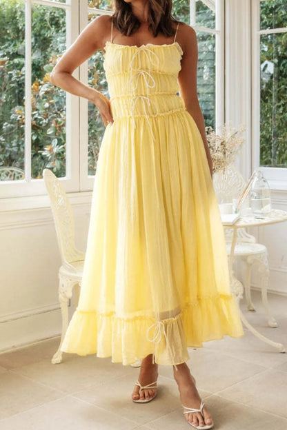 Frill Tied Front Midi Cami Dress - Light Yellow -
