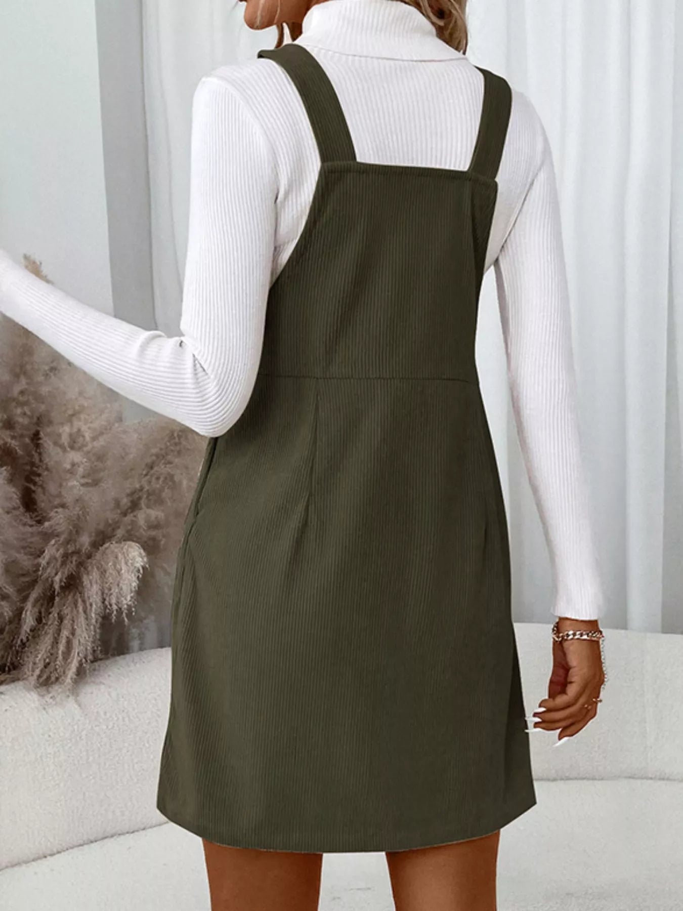 Corduroy Overall Mini Dress with Adjustable Straps - -
