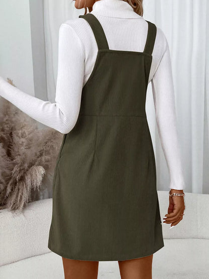 Corduroy Overall Mini Dress with Adjustable Straps - -