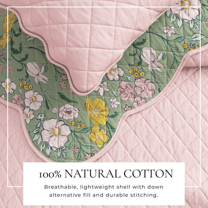 Floral Print & Scalloped Cotton Quilt Set - Gwen Collection - - Quilts & Comforters