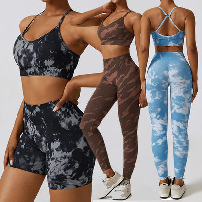 Seamless Yoga Set Camo Leopard Tie Dye Printed Women Gym Workout Wear