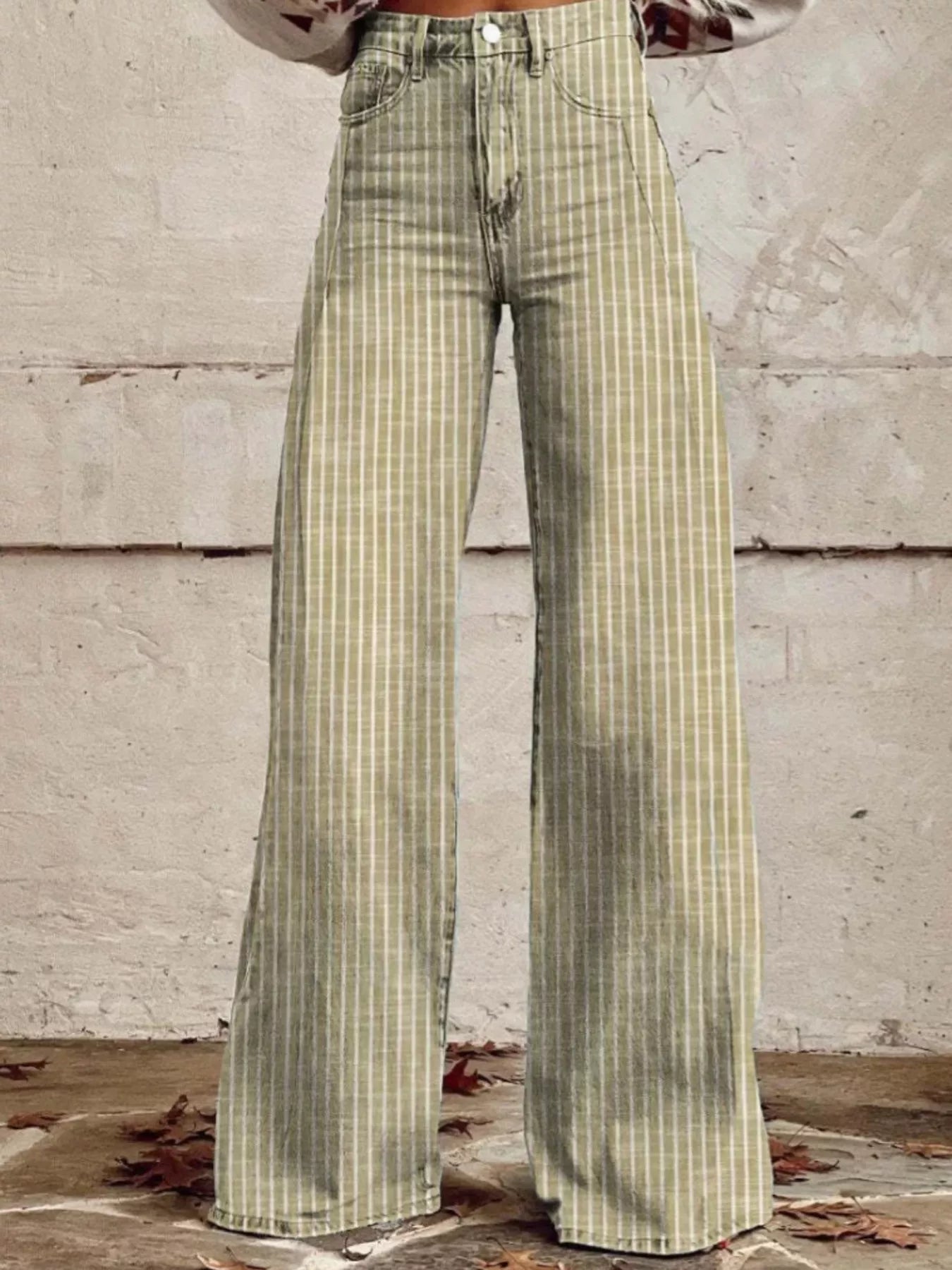 Colored Striped High-Waisted Wide Leg Jeans - Yellow - jeans