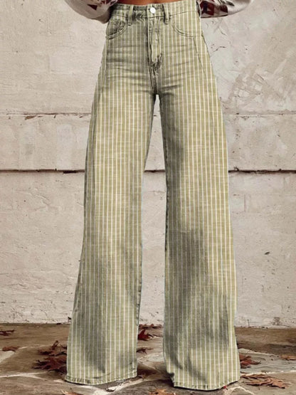Colored Striped High-Waisted Wide Leg Jeans - Yellow - jeans