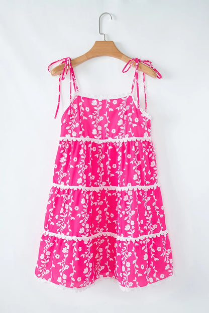 Floral Print Ric Rac Patched Sleeveless Mini Dress - -