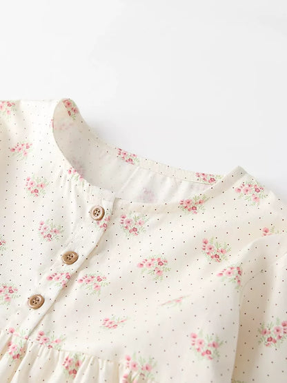Children's Floral Print Long Sleeve Casual Dress - -