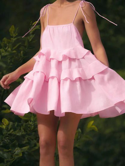 Ruffle Layered Tie Shoulder Cami Dress - Pink -