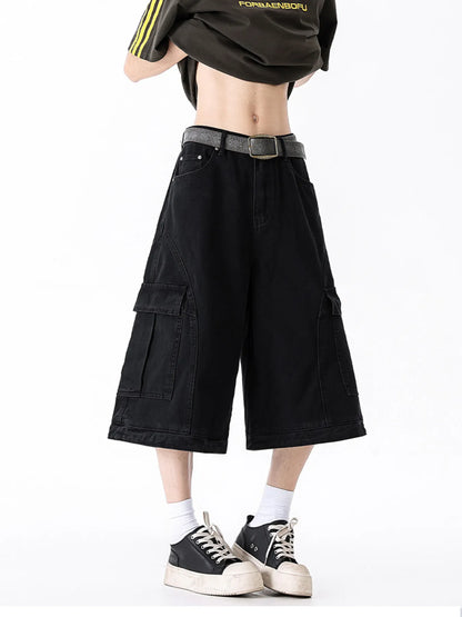 Men's Full Size Wide Leg Cargo Shorts Plus Size - Black -