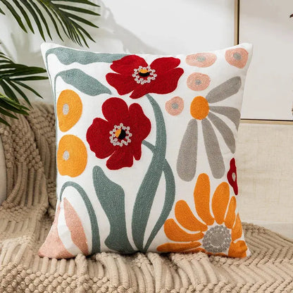 Flower Pillow Cover Embroidered Canvas Wool 18*18 Inch red white