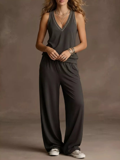 Full Size V-Neck Tank Top & Wide-Leg Pants Set Plus Size- Shopimist- {{Product type}}