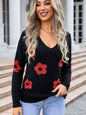 Angel Wings Flower V-Neck Long Sleeve Sweater - Black -