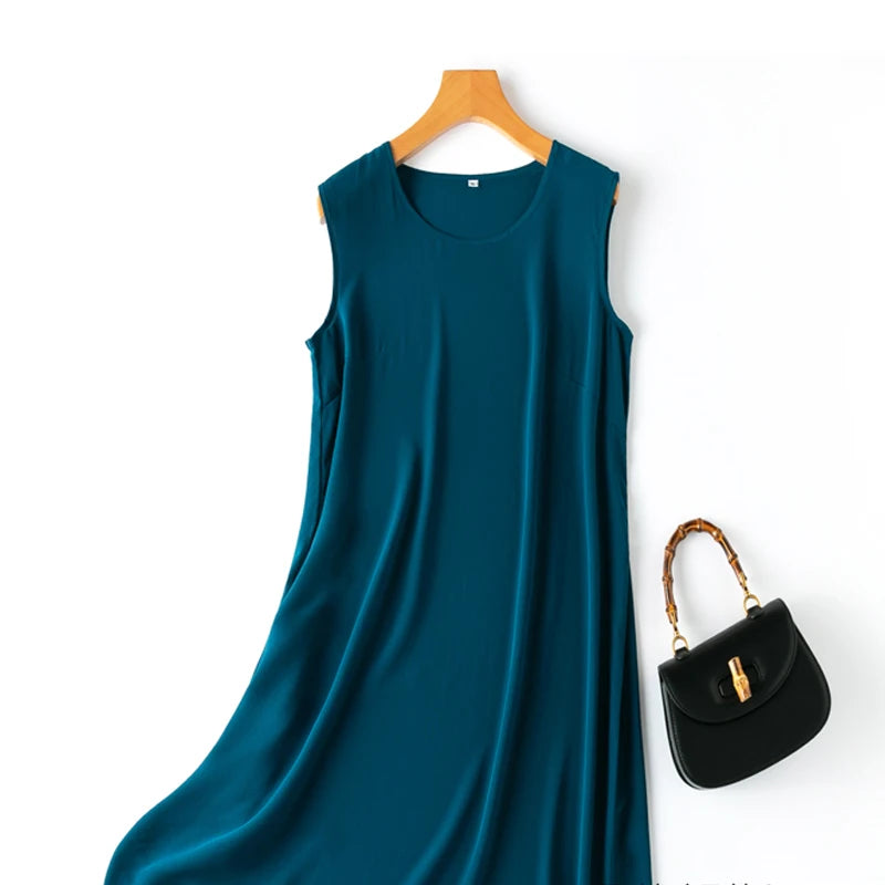 Silk Dress Crepe Dechine Solid a Line Sleeveless O Neck Tank Dresses