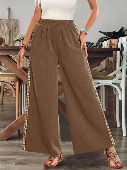 Bohemian Wide Leg Embroidered Side Stripe Pants - -