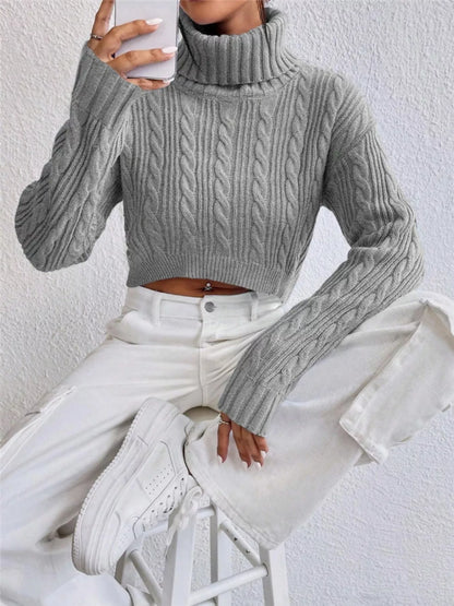 Cable-Knit Turtleneck Long Sleeve Sweater - Gray -