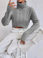 Cable-Knit Turtleneck Long Sleeve Sweater - Gray -