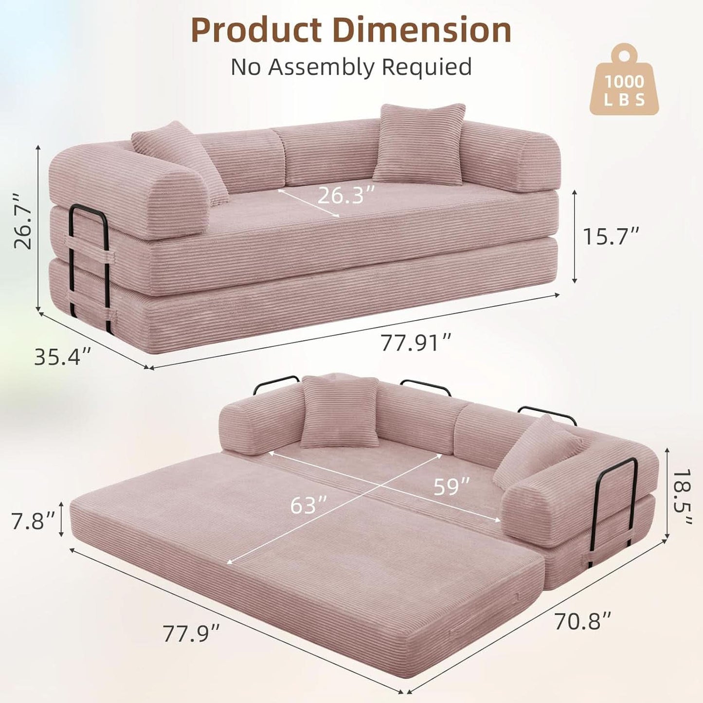 Transformable Sofa Bed QueenSize Pink Folding Frame- ShipItFurniture- {{Product type}}