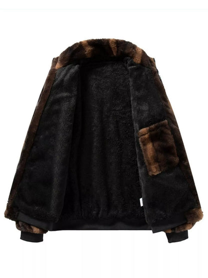 Men's Warm Faux Fur Zip Up Jacket - -