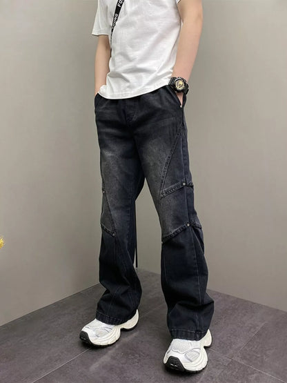 Men's Full Size Vintage Wash Wide Leg Jeans Plus Size - Black -