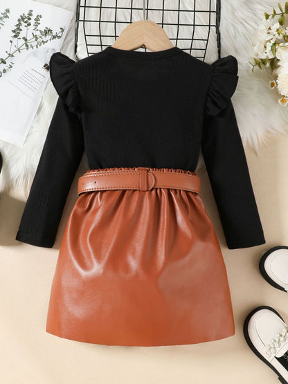 Children's Ruffle Trim Top & Faux Leather Pleated Skirt Set - -