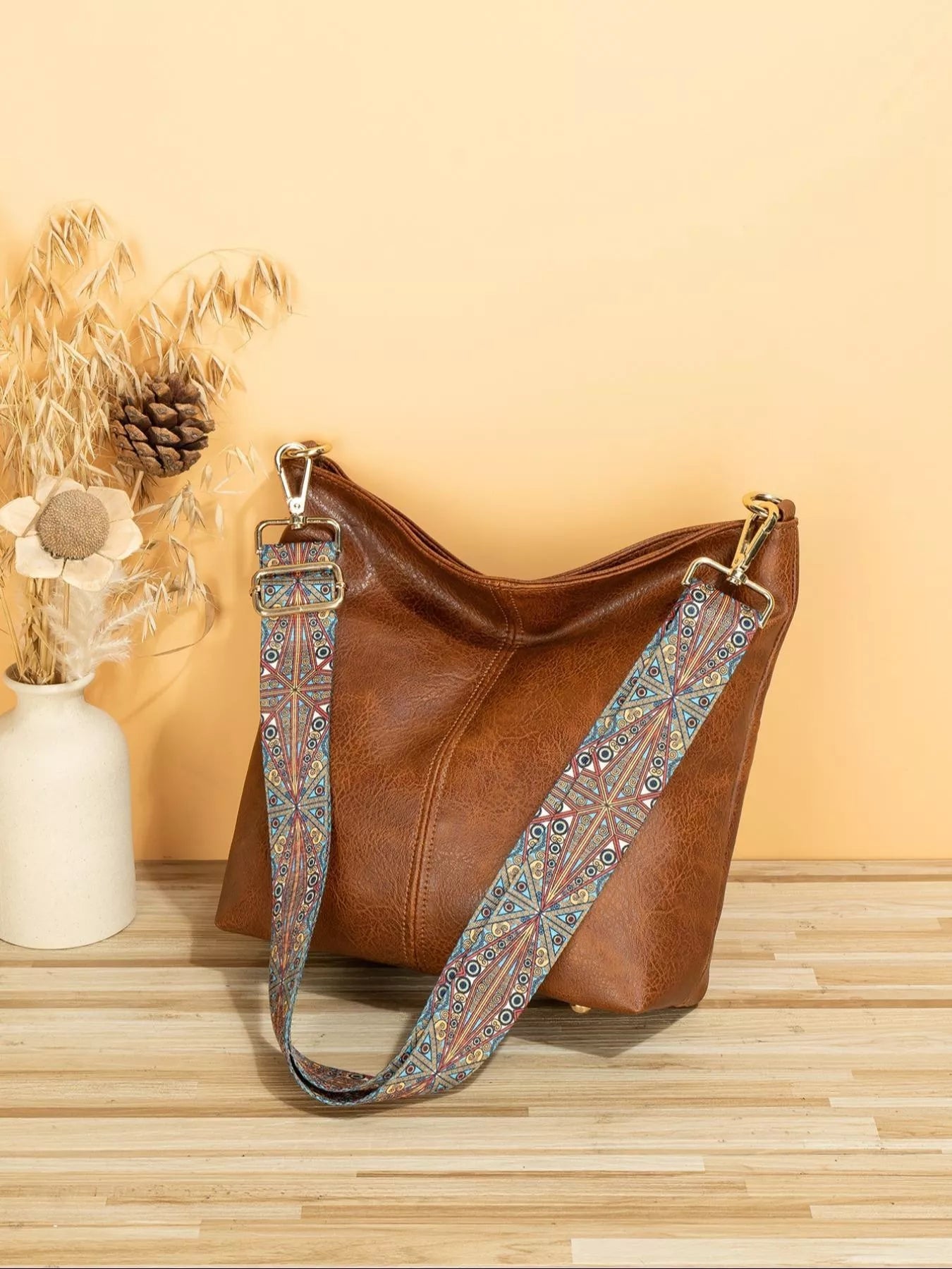 PU Leather Crossbody Bag with Patterned Strap - -