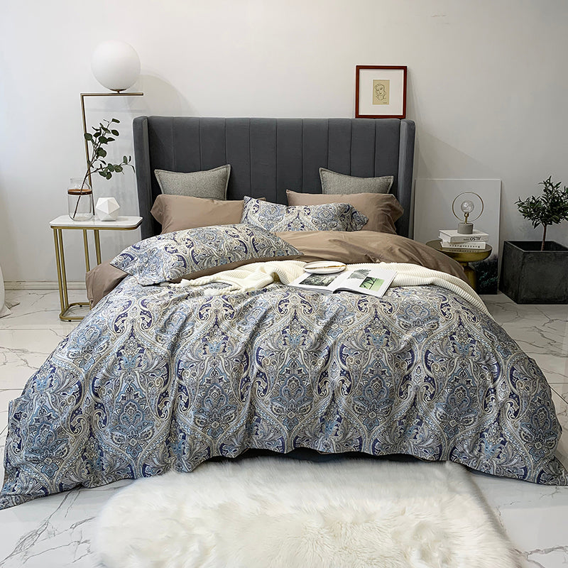 60s 100% Egyptian Organic Cotton White Gray Floral Pattern Bedding Sets