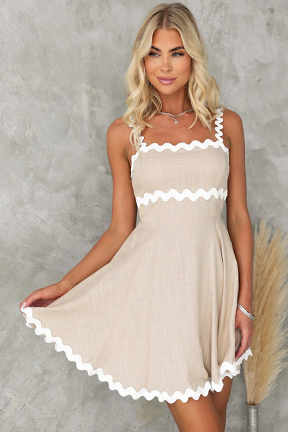Contrast Trim Square Neck Mini Dress - Tan - Clothing & Fashion
