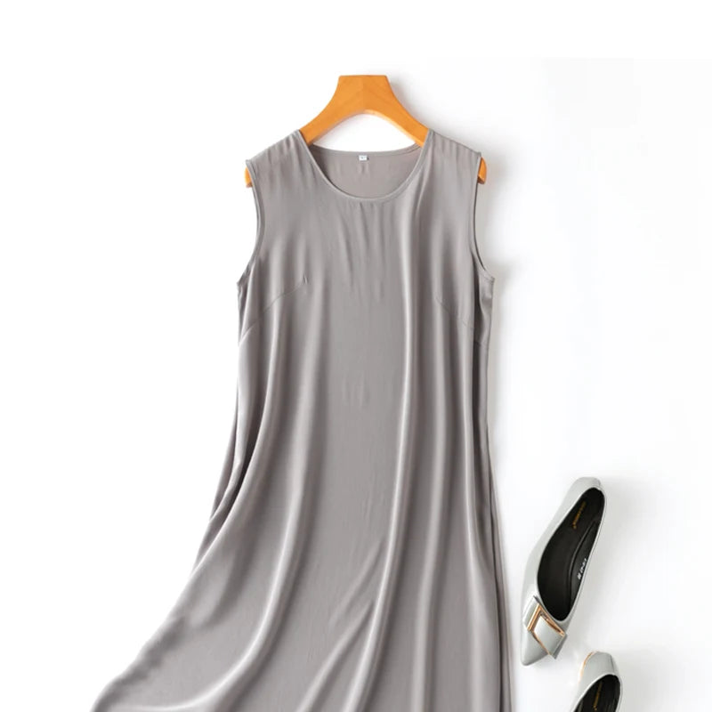 Silk Dress Crepe Dechine Solid a Line Sleeveless O Neck Tank Dresses