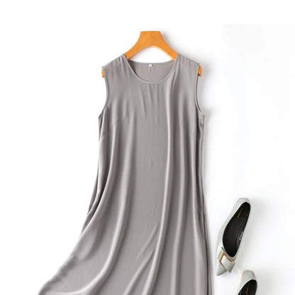 Silk Dress Crepe Dechine Solid a Line Sleeveless O Neck Tank Dresses