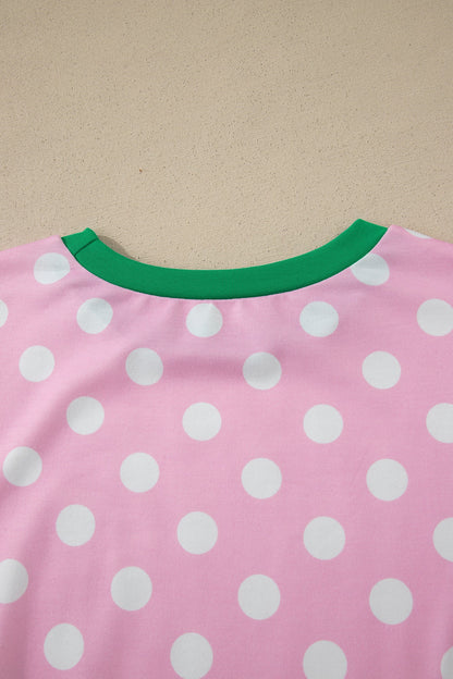Pink Polka Dot Contrast Edge Casual Short Set - - Two Piece Sets/Short Sets
