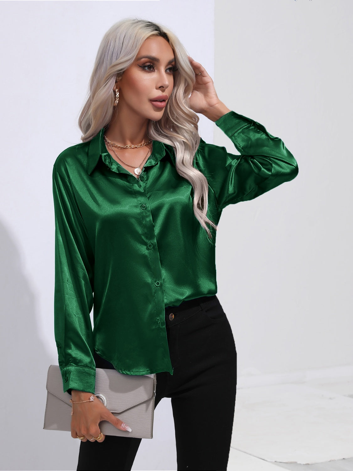 Collared Neck Buttoned Long Sleeve Shirt - -