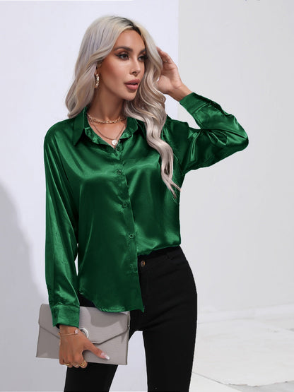 Collared Neck Buttoned Long Sleeve Shirt - -