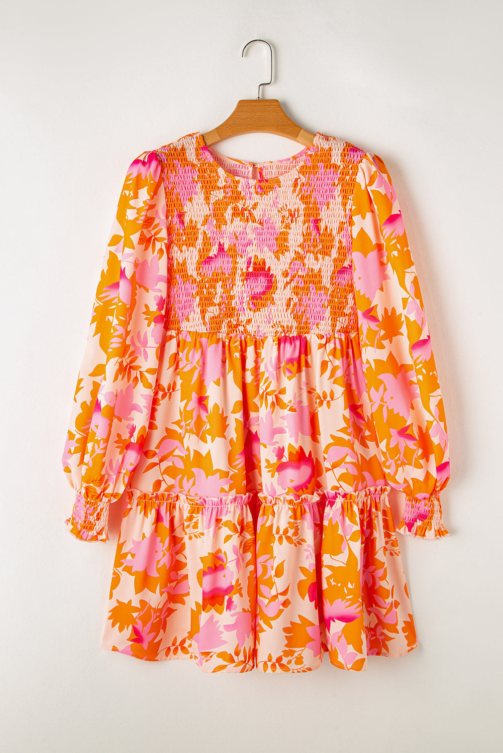 Orange Abstract Print Smocked Lantern Sleeve Ruffle Mini Dress - - Dresses/Mini Dresses