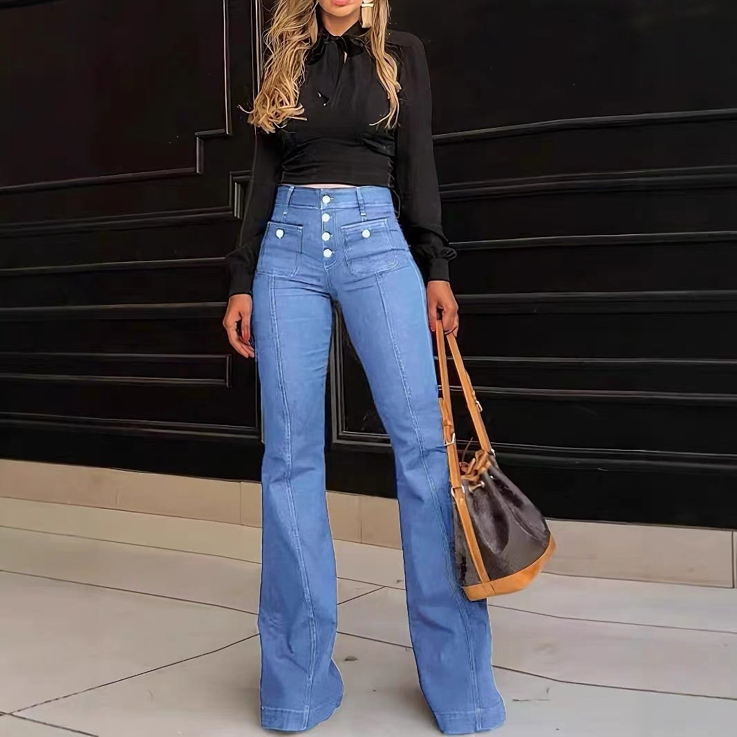 Women's Patchwork Jeans Slim Fit Slimming Stretch Flared Pants See size chart under “more details” - Light Blue - Bottoms