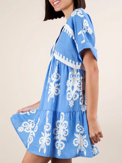 Printed V-Neck Short Sleeve Mini Dress - -