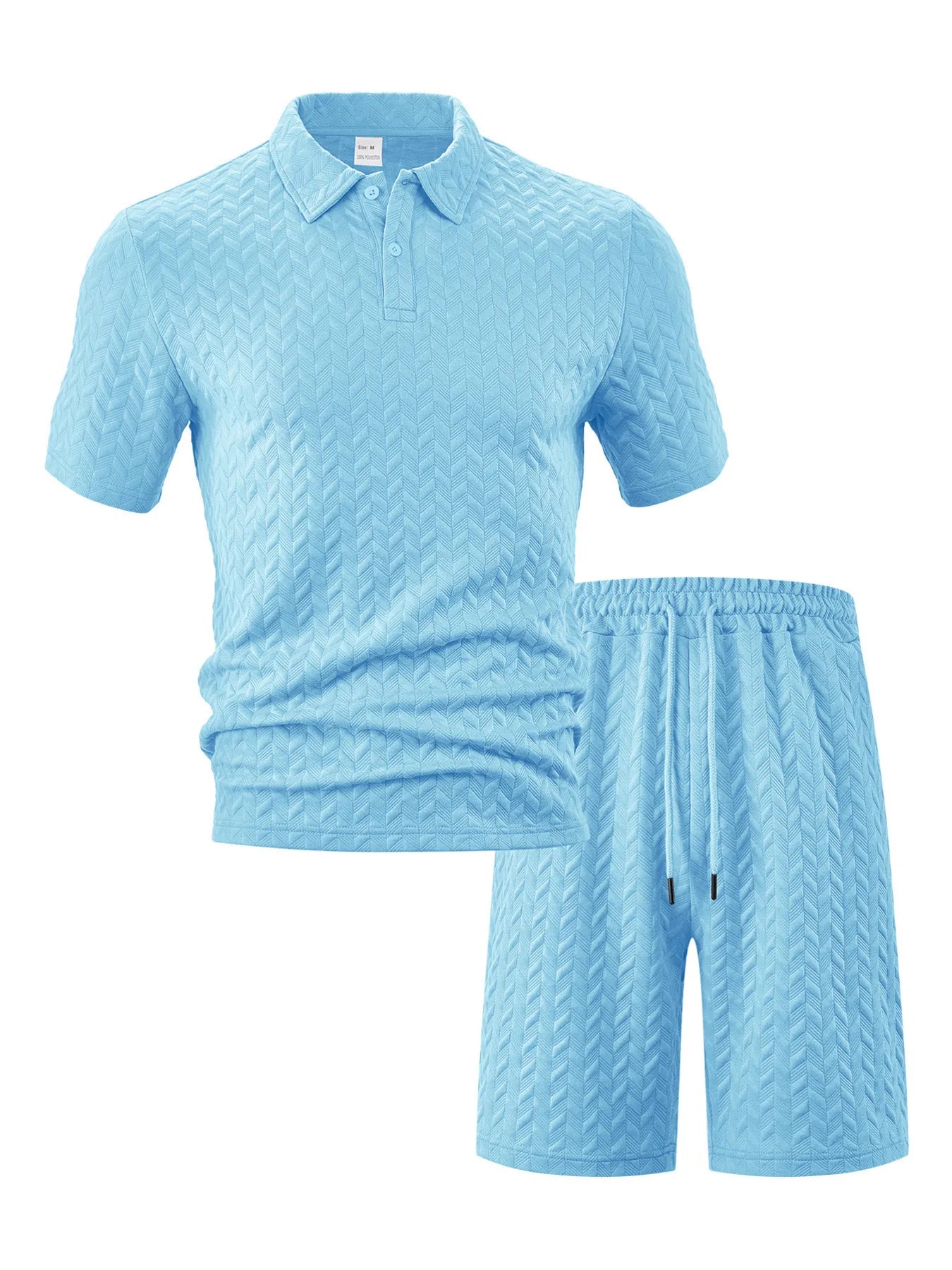 Men's Full Size Textured Polo Shirt and Shorts Set Plus Size - Sky Blue -