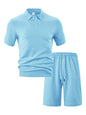 Men's Full Size Textured Polo Shirt and Shorts Set Plus Size - Sky Blue -