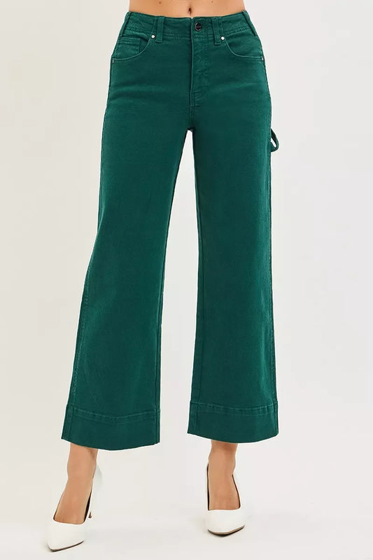 RISEN Tummy Control High Rise Crop Wide No Waist Band Pants - HUNTER GREEN - jeans