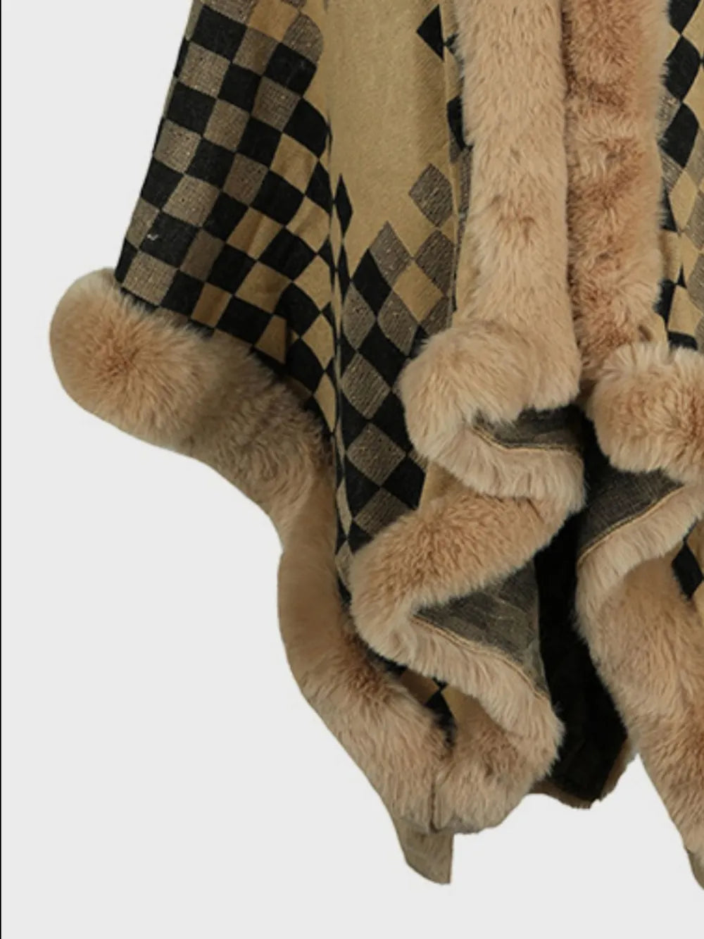 Fuzzy Checkered Long Sleeve Poncho - -