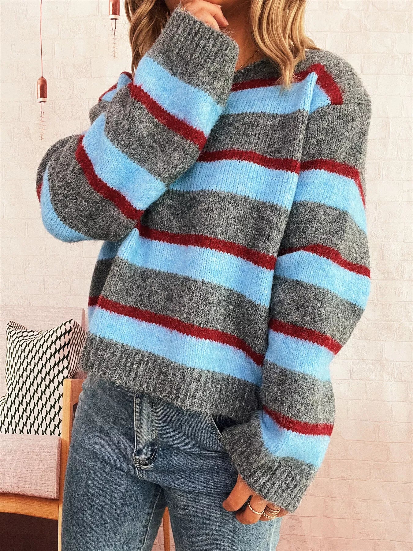 Striped Round Neck Long Sleeve Sweater - Gray One Size -