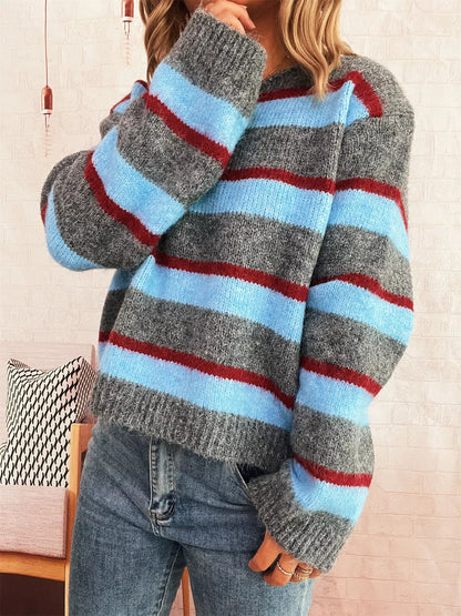 Striped Round Neck Long Sleeve Sweater - Gray One Size -