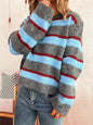 Striped Round Neck Long Sleeve Sweater - Gray One Size -