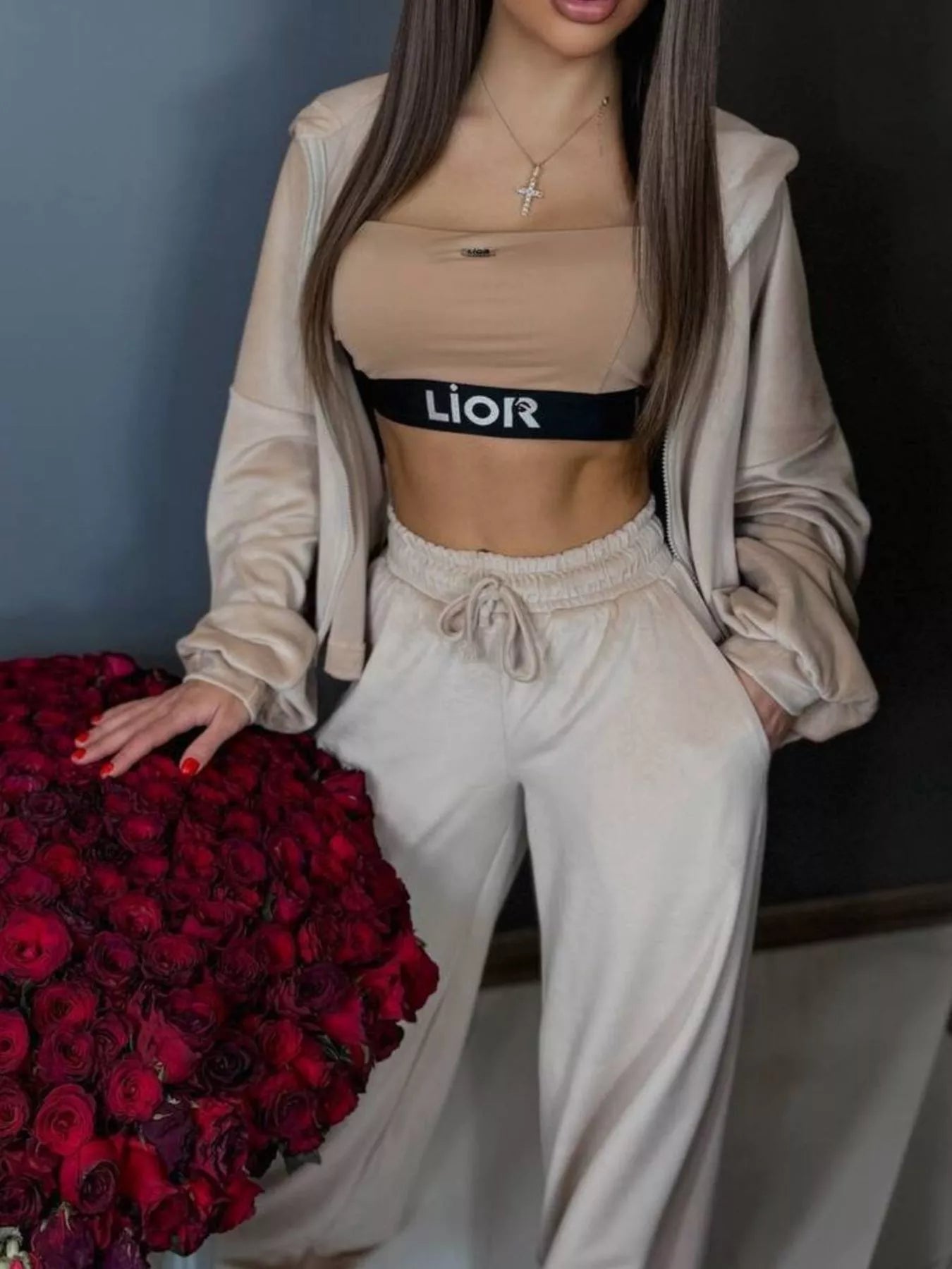 Zip Up Cropped Outerwear and Pants Set - -