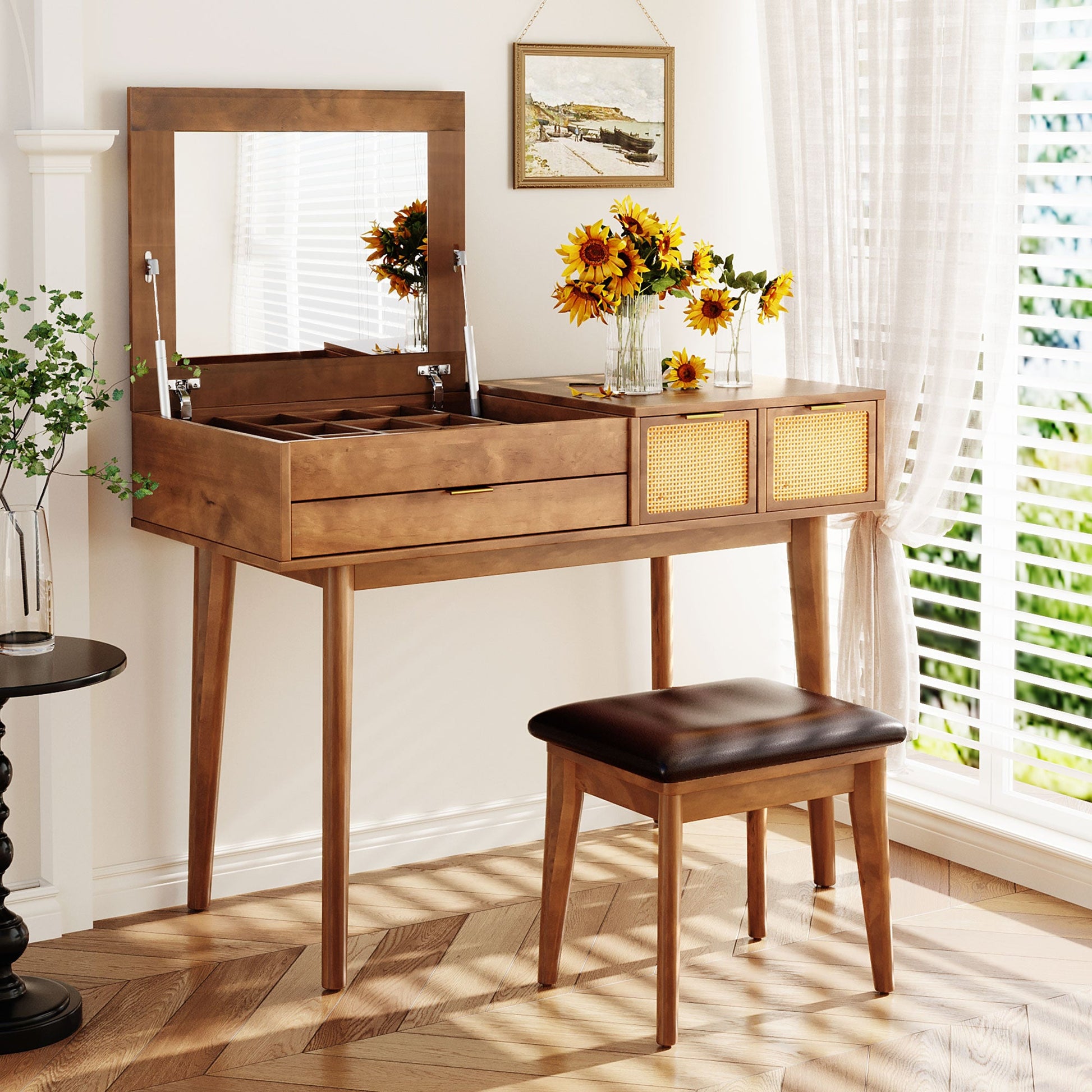 Classic Wood Flip-Top Vanity & Stool Set (43" Width) - - Table