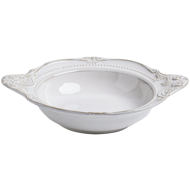 Relief Ceramic Tableware Rice Bowl and Plate Set - Medium size double handle plate 25.2cm - plate set