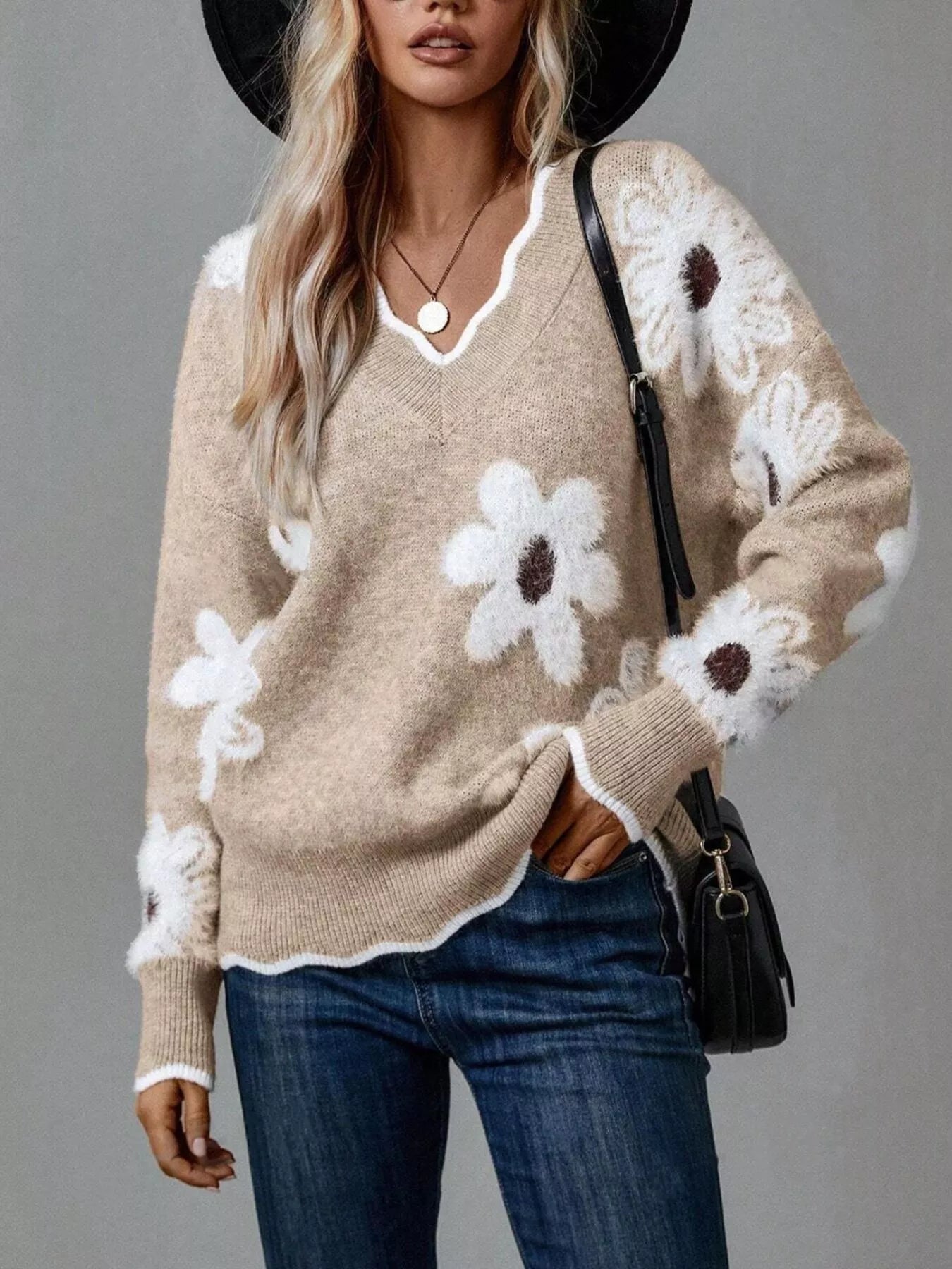 Floral V-Neck Long Sleeve Sweater - -