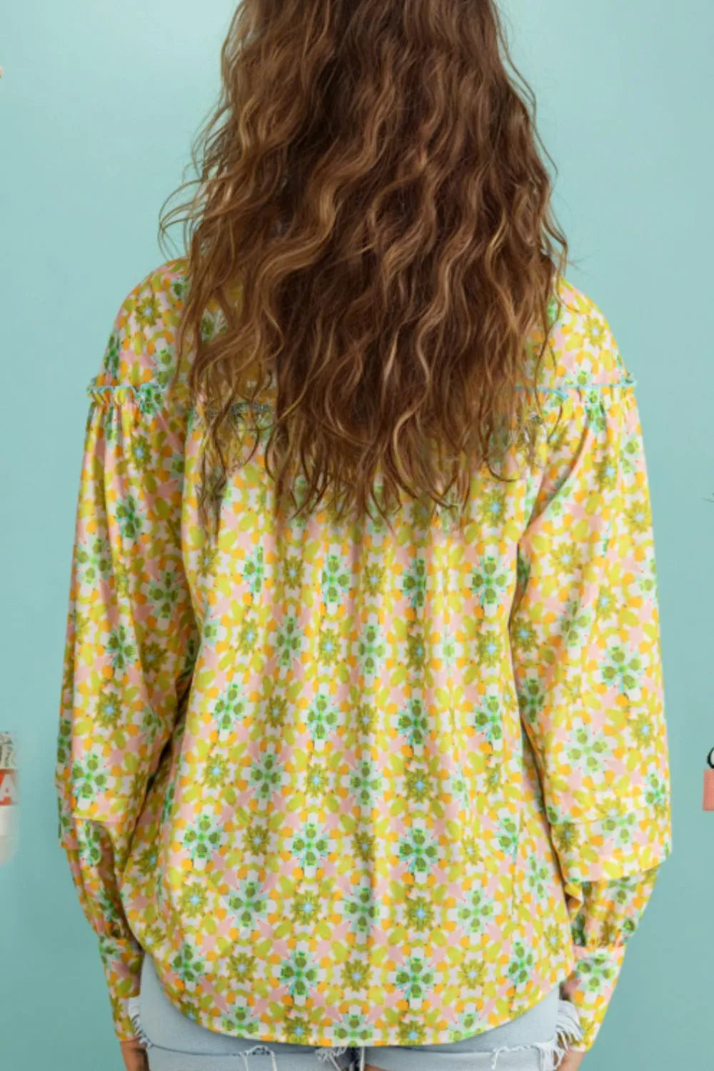 Frill Printed Collared Neck Long Sleeve Blouse - -