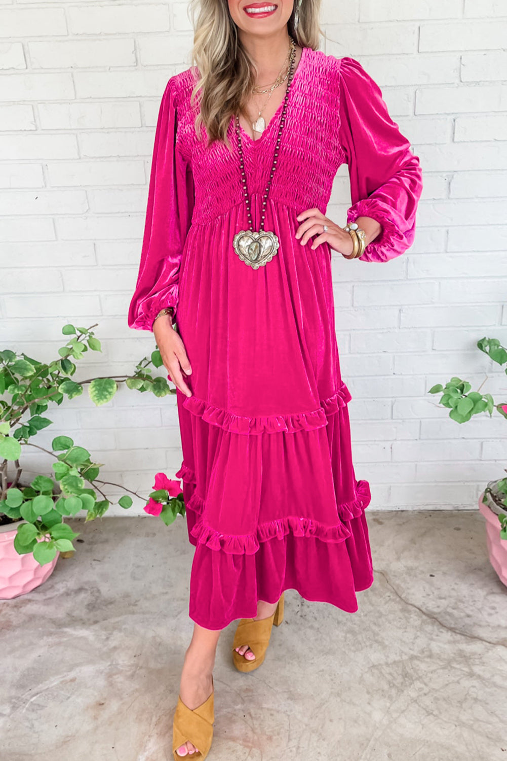 Rose Red Shirred V Neck Long Sleeve Velvet Dress - - Dresses/Maxi Dresses