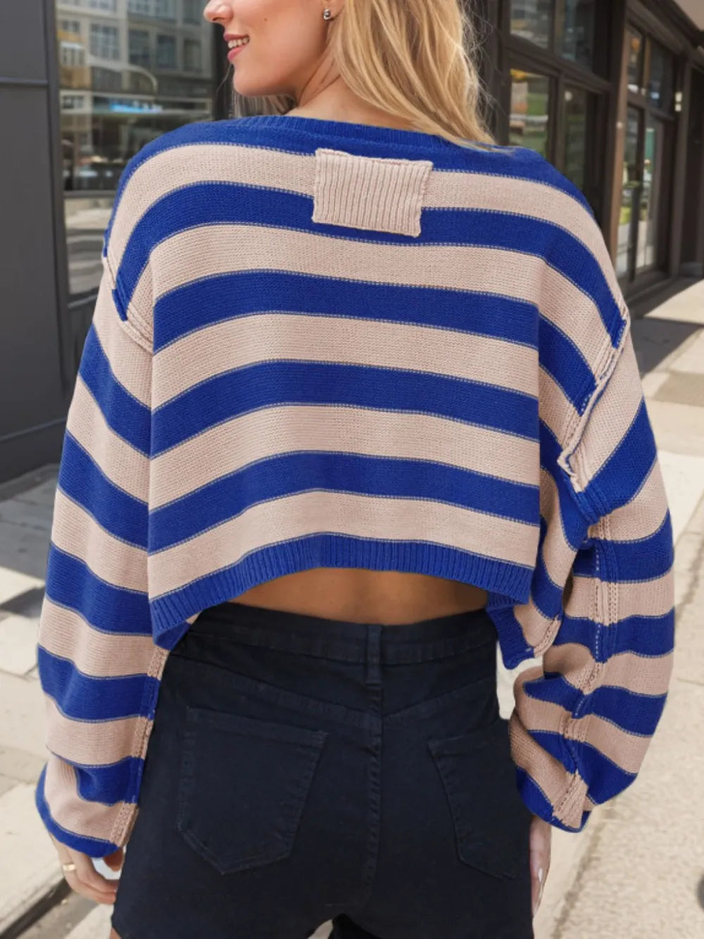 Striped Dropped Shoulder Long Sleeve Sweater - -