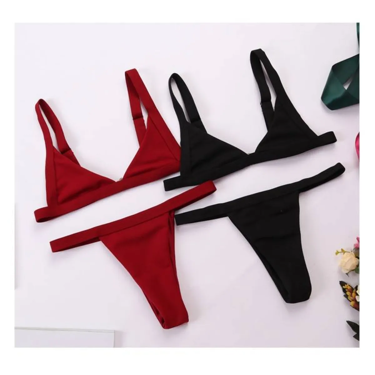 Deep-V Bikini Swimsuit - -